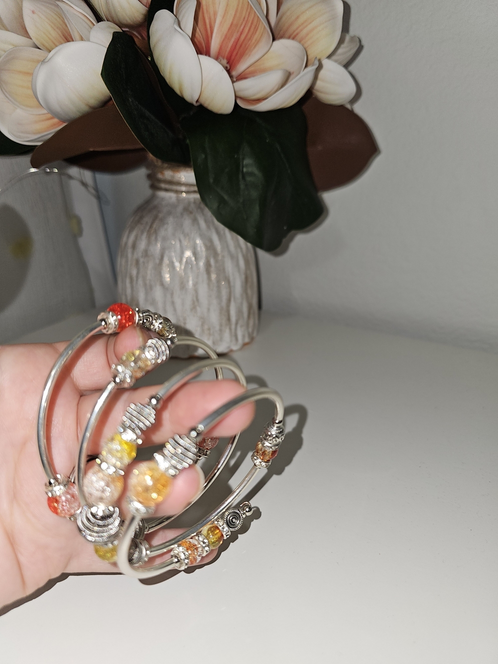 Silver Bangle Bracelet Set with Orange and Yellow Beads
